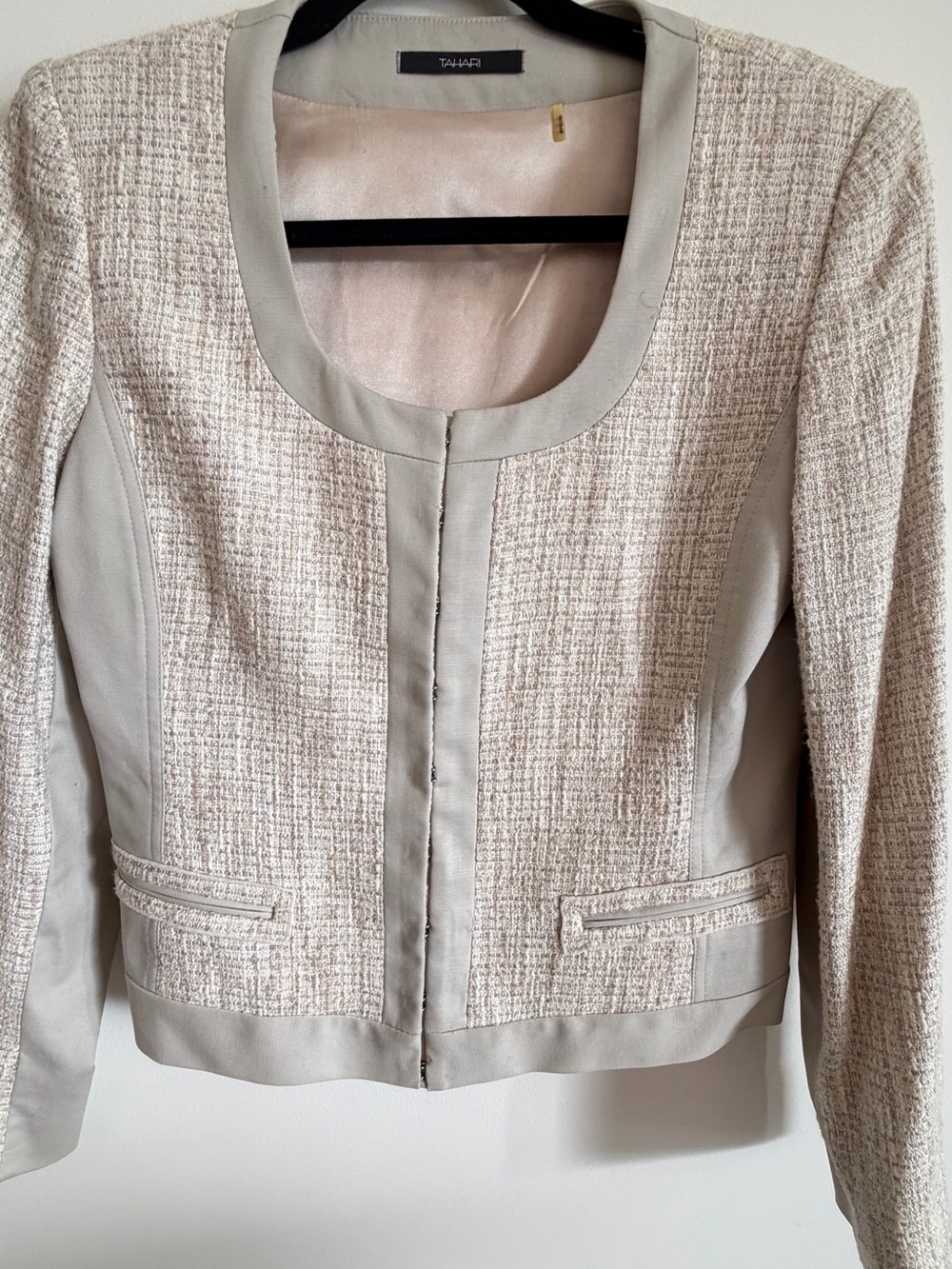 Tahari Cream Tweed Trimmed Blazer
